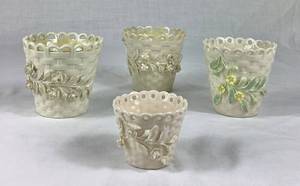 Bundle of 4 Vintage Belleek Ireland Basket Weave Vases with Black & Green Bottom Marks