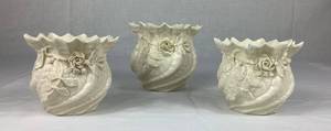 Set of 3 Belleek Irish Porcelain Flowered Bowl Vases with Sculpted Rose and Leaf Details