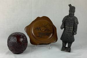 Chinese Warrior Sculpture and Hand Carved Japanese & Globe Wood Trinket Boxes