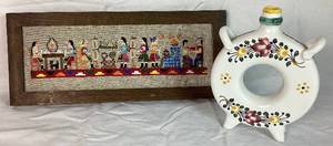 Slovakian Bundle of Pottery Canteen and Vintage Slovakian Framed Folk Embroidery Village Art