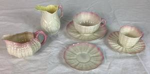 Antique Belleek Porcelain Triacna Pink Creamer, Tridacna Cups & Saucers (2 Sizes), Extra Shell Saucer and Lily White Creamer-Yellow Interior
