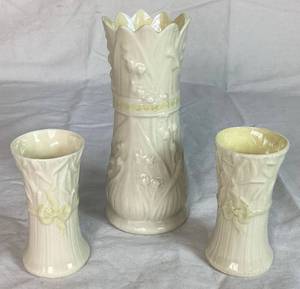 Belleek Porcelain Lily of the Valley Spill Vase Black 3rd Mark and Belleek Ireland Typha Spill Vases Green Mark