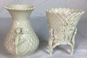 Vintage Belleek Irish Porcelain Thistle Vase Green Mark, Basketweave 3 Footed vase Black 3rd Mark,