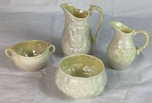 Belleek Irish Pocelain Black 3rd Mark Open Sugar Bowl 4, Ivy Yellow Pitcher Black Mark 4 H , Lotus Open Sugar Bowl Black Mark 3 Opening and Bacchus Mark Pitcher Black Mark  4.75 H