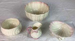 Antique Belleek Black Mark Triacna Porcelain Bowl, Shell Bowl with Shell Feet, Nautilus Shell Shaped Sugar Bowl and Nautilus Shell Creamer