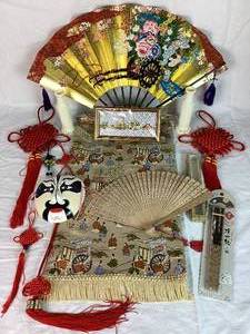 Assortment of Asian Dcor - Knots, Fans, Faux Ivory Dragon Vases and Tapestry
