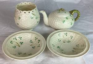 Belleek Classic Shamrock Teapot, Rose Bowl Vase and 6.5 Fruit Dessert Bowls