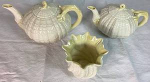 Classic Tridacna Shell Belleek Irish Porcelain Teapots 8 W x 9 W  and Neptune Pattern Vase 3.5 H