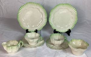 Belleek Black Mark Green Trim Dish Collection of Teacups & Saucers, Creamer, Ruffled Open Sugar Bowl and 7.5 Plates