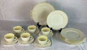 Vintage Belleek Irish Porcelain Limpet Yellow Pattern Two Handled Serving Plate, 8 Salad Plates, and 6 Cups & Saucers