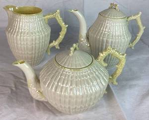 Black Mark Belleek Limpet Shell Teapot, Pitcher and Coffee Server