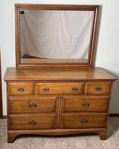 Davis Cabinet Co. Walnut Low Boy 7 Drawer Dresser with Mirror