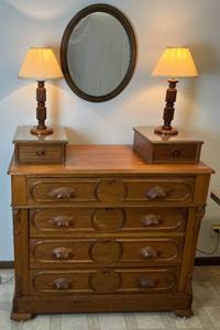Antique 6 Drawer Dresser with Wall Mirror and 2 Dresser Lamps