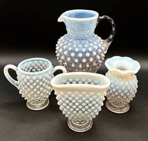 Vintage Opalescent Hobnail Pitcher, Sugar Bowl and 2 Vases (UV Reactive high manganese content)