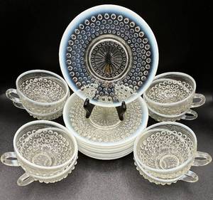 Set of 8 Vintage Opalescent Hobnail Teacups and Saucers