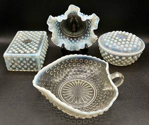Collection of Vintage Opalescent Hobnail Trinket Boxes and Dishes