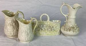 Antique Belleek Black Mark Irish Porcelain Bacchus Pitchers, Aberdeen Pitcher and Flower Basket