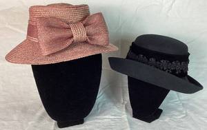Two Vintage Womens Hats - Black Wool USA and Betmar New York Pink Straw