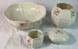 Vintage Belleek Country Trellis Pink Lily Collection - Blue 8th Mark and Black 10th Mark