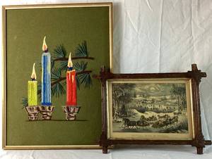 Vintage Currier & Ives Central Park in the Winter Print and Candle Crewel Embroidery Artwork