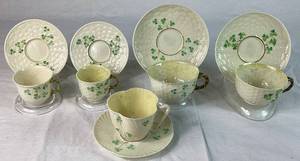 Collection of Belleek Shamrock Teacups & Saucers - Various Years & Marks