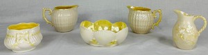 Black Mark Belleek Ribbon & Bow Open Sugar Dish, Limpet Creamers, Ivy Yellow Mini Pitcher and Scalloped Seashell Bowl