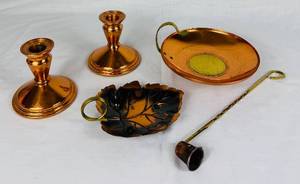 5 Piece Assortment of Coppercraft Guild Candle Stands & Trinket Dish plus a Brass and Copper Candle Snuffer