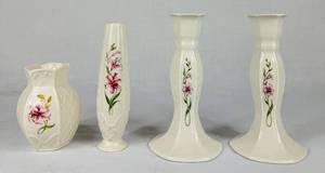 Belleek Ireland Country Trellis Pink Lily Candlestick Holders and Vases - Blue 8th Mark