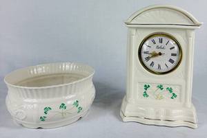 Belleek Glenveigh Mantel Clock 7th Mark and Belleek Nadine Fruit Bowl Black Millennium 2000