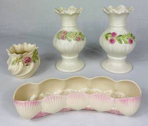 Vintage Irish Belleek Porcelain Bundle of Pink Candy Tray and Vases