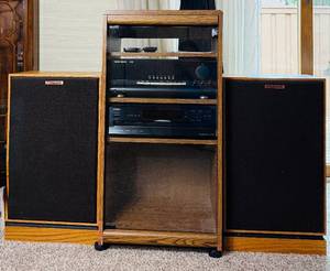 Remote Control HarmanKardon Receiver Stereo System with  Klipsch Speakers, Onkyo 6 Disc CD Player and Stereo Cabinet