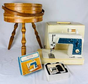 Vintage Singer Touch & Sew Special Zig-Zag Model 638, Singer Accessories Box plus Round Wood Barrel 3 Leg Vintage Sewing Box