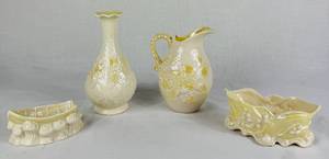 Belleek Bundle of Yellow Luster & Cream Lily of the Valley Plateau Bowl 5.5 W , 7 Grapevine Vase, Ivy & Berries Yellow Luster Pitcher 6 H and 4 Boat of Waves Salt Boat