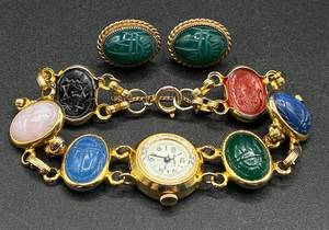 Vintage Majestime Eqyptian Scarabs Watch and Vintage Green Scarab Oval Gold Filled Twist On Earrings