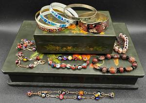 Vintage Cloisonne, Glass Beaded and Enamel Bracelets plus Two Jewelry Boxes