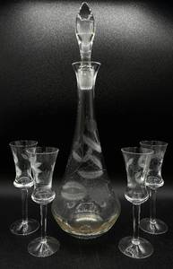 Vintage Etched Crystal Decanter and Set of 4 Flute Glasses