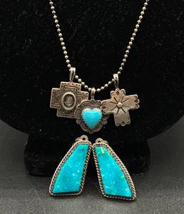 Turquoise &  Sterling Silver Clip On Earrings and Sterling Necklace with Charms
