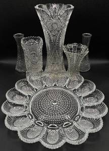 Hobnail Glass Deviled Egg Platter and 5 Vintage Vases