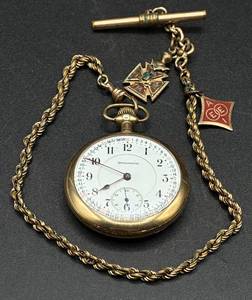Classic Vintage Burlington 16 Size Pocket Watch with Gold Filled Case, Brass Chain, Knights of Columbus Pendant with Skull & Bones and AEEI American Insutute of Electrical Engineers Charm
