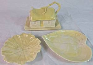 Vintage Belleek Porcelain Irish Cottage ButterCheese Dish, Lustre Flower Head 5 Dish & 6 Heart Shaped Leaf Dish