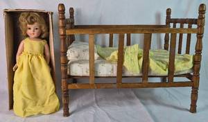 Vintage Effanbee Little Lady Durable Doll with Stand, Accessories and Wooden Crib