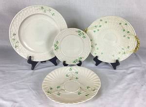 Belleek Classic Shamrock Basketweave  Bread & Butter Plate, 7 Side Plate, 10 Dinner Plate, 9 Harp Shamrock Serving Plate