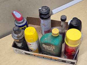 Lot of Automotive Fluids and Cleaners including Quaker State SAE 10W-30 Oil, STA-BIL Fuel Stabilizer, Gumout Carb and Choke Cleaner, WD-40, and More