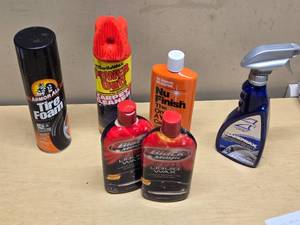 Armor All Tire Foam, Turtle Wax Carpet Cleaner, Nu Finish Car Polish, Black Magic Liquid Wax, Eagle One Nanowax - Some Partials