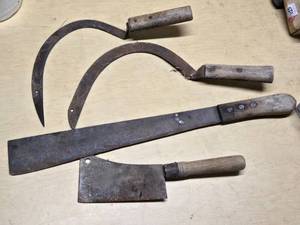 Vintage Hand Tools including Sickle, Cleaver, and Machete