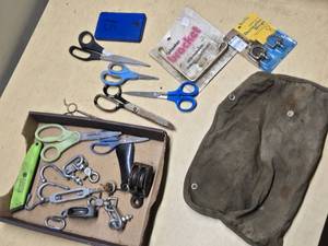 Assorted Hand Tools and Hardware including Scissors, Carabiners, and Decorative Rings