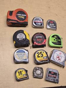 Lot of Tape Measures including Black & Decker AutoTape, Tool Shop 25ft, and Project Pro 25ft