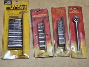 Tool Shop and Tool Cache Socket Sets and Ratchet Lot including 38 Drive Deep Socket Set, SAE 8pc Set, Metric 8pc Set, and 38 Ratchet Handle