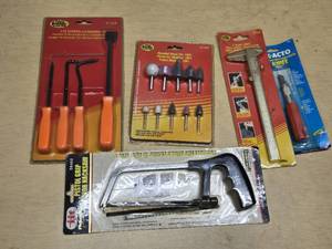 Tool Cache Pistol Grip Junior Hacksaw, Scraper Set, Mounted Stone Set, Caliper Gauge, and X-ACTO Knife