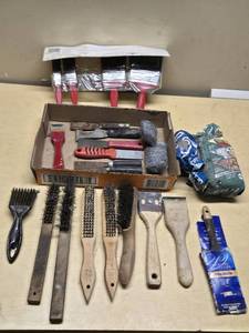 Lot of Painting and Scraping Tools Including Brushes, Wire Brushes, Putty Knives, and Steel Wool
